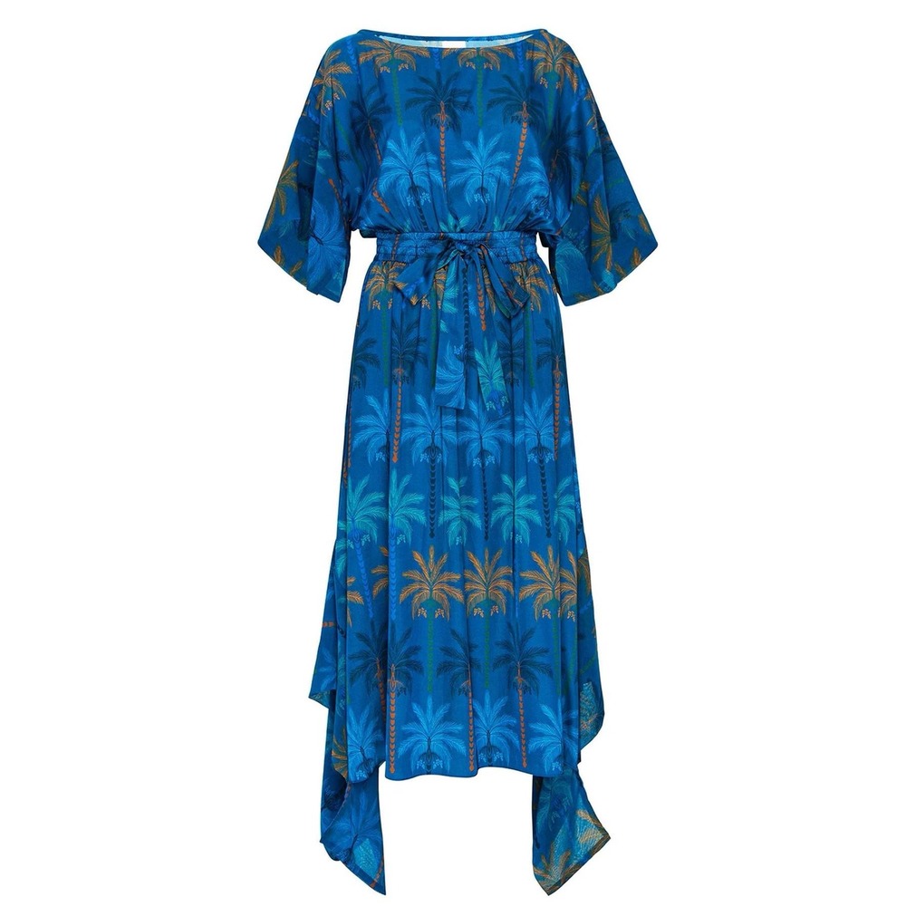 MISA Los Angeles Savanna Blue Palm Tree Print Handkerchief Hem Midi Dress NWT S‎